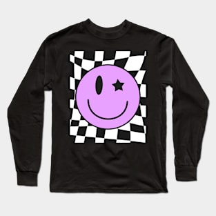 Retro Happy Face Shirt Checkered Pattern Smile Face Trendy Long Sleeve T-Shirt